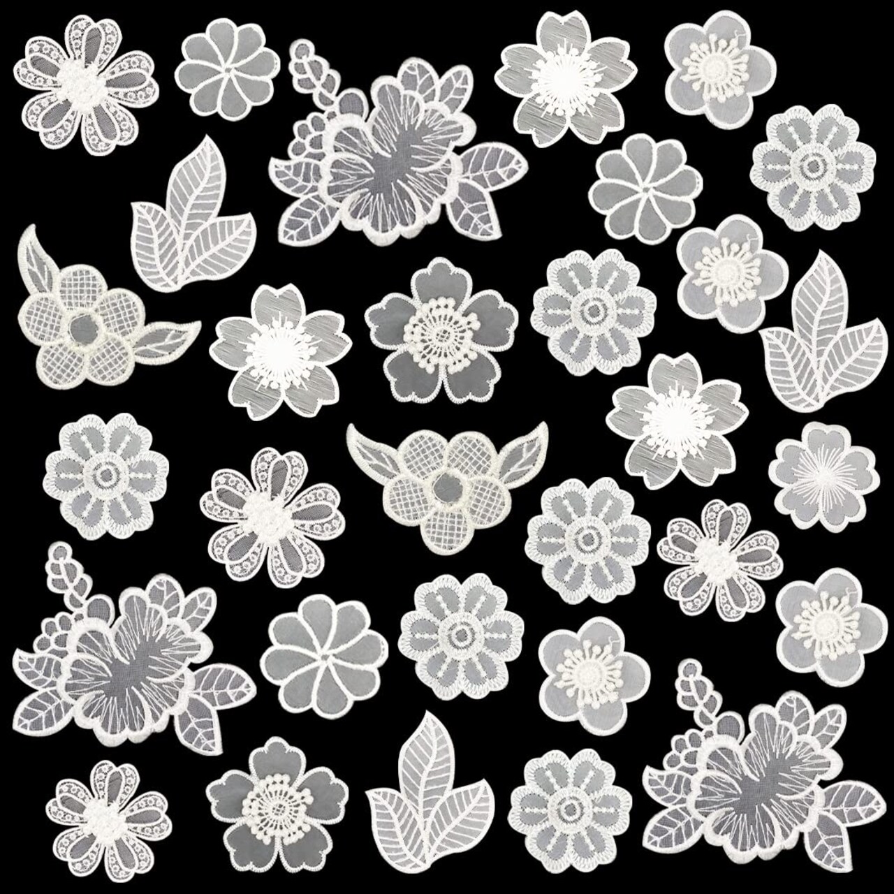 30 PCS Lace Flowers Applique Embroidery Flowers Leaf Sew Iron On Patch, Organza Patches Flowers Applique for Wedding Bridal Dress Sewing Craft DIY Clothes Hair Ornaments (White)